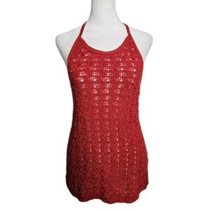 Lucky Brand Red Crochet Knit Halter Tank Knit Sleeveless Boho Beach Sz M Y2K